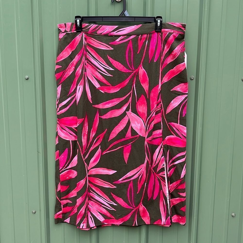 Women's Hawaiian Tropical Print Linen-Blend Slip Skirt with Side Slit, Size XXXL